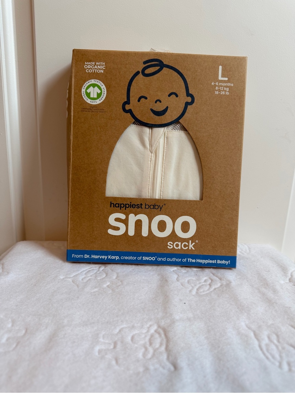 NEW Happiest Baby Snoo Baby Sleep Sack Swaddle Organic Cotton White Size L 4-6mo
